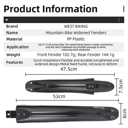 WEST BIKING YP0714028 1 Pair Arc Design Front and Rear Mountain Bike Widened Fenders