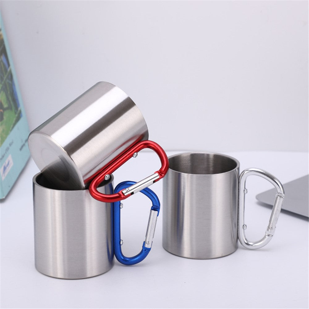 220ML Stainless Steel Camping Mug Portable Outdoor Hiking Coffee Cup Drinks Cup with Carabiner (No FDA Certification)