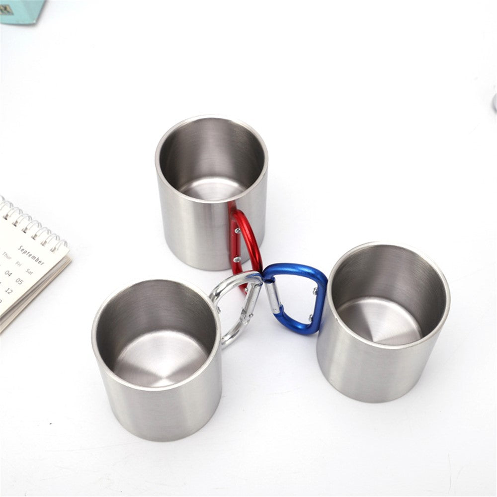 220ML Stainless Steel Camping Mug Portable Outdoor Hiking Coffee Cup Drinks Cup with Carabiner (No FDA Certification)