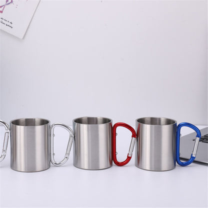 220ML Stainless Steel Camping Mug Portable Outdoor Hiking Coffee Cup Drinks Cup with Carabiner (No FDA Certification)