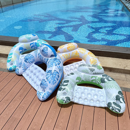 U Shape Swimming Pool Inflatable Lounger Leaves Print Thick PVC Floating Water Sofa