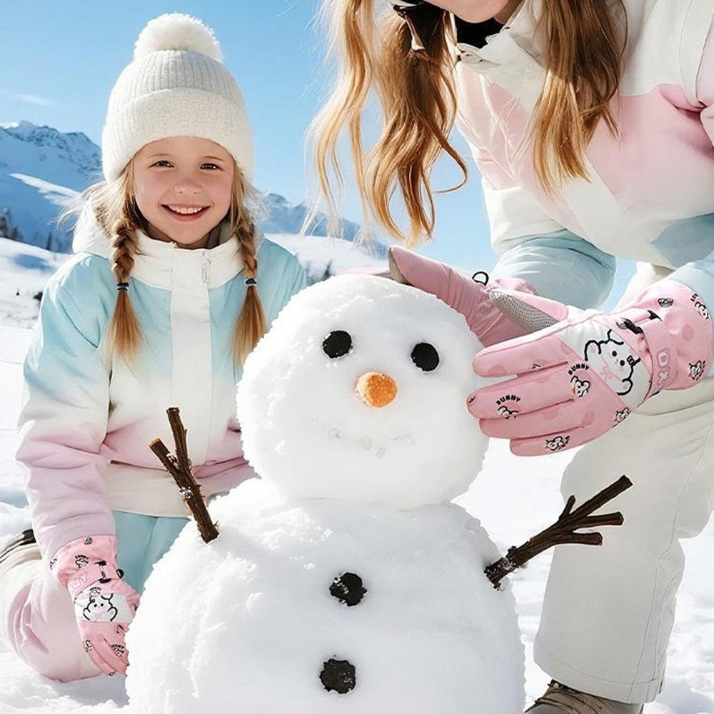 DRST44 1 Pair Cartoon Pattern Ski Gloves for Kids Winter Fleece Lined Windproof Cycling Mittens