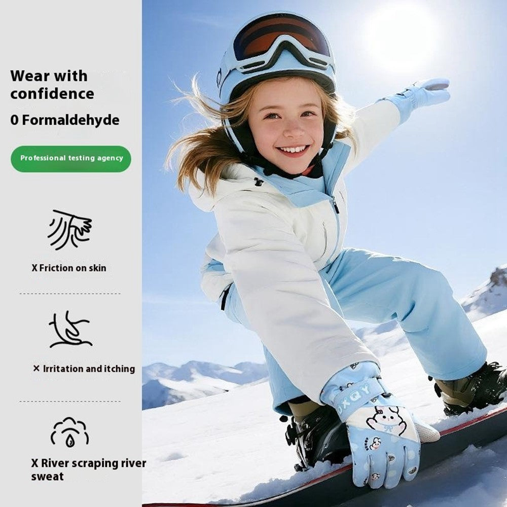 DRST44 1 Pair Cartoon Pattern Ski Gloves for Kids Winter Fleece Lined Windproof Cycling Mittens