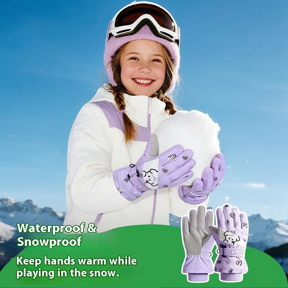DRST44 1 Pair Cartoon Pattern Ski Gloves for Kids Winter Fleece Lined Windproof Cycling Mittens