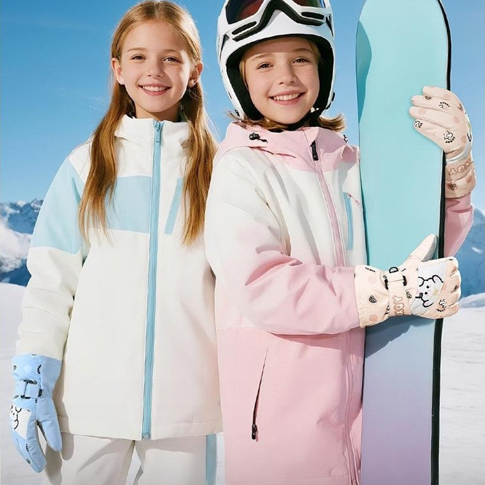 DRST44 1 Pair Cartoon Pattern Ski Gloves for Kids Winter Fleece Lined Windproof Cycling Mittens