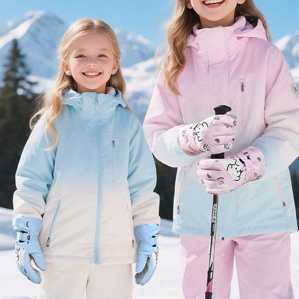 DRST44 1 Pair Cartoon Pattern Ski Gloves for Kids Winter Fleece Lined Windproof Cycling Mittens