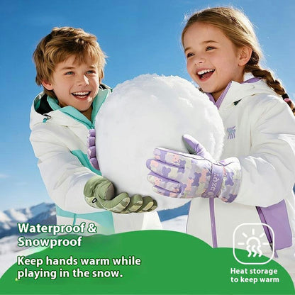 DRST43 Thermal Fleece Lined Ski Gloves for Kids Cartoon Pattern Winter Windproof Full Finger Cycling Mittens