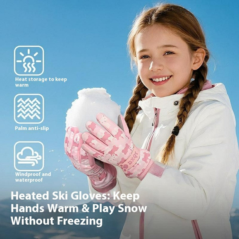 DRST43 Thermal Fleece Lined Ski Gloves for Kids Cartoon Pattern Winter Windproof Full Finger Cycling Mittens