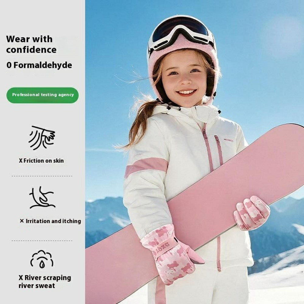 DRST43 Thermal Fleece Lined Ski Gloves for Kids Cartoon Pattern Winter Windproof Full Finger Cycling Mittens