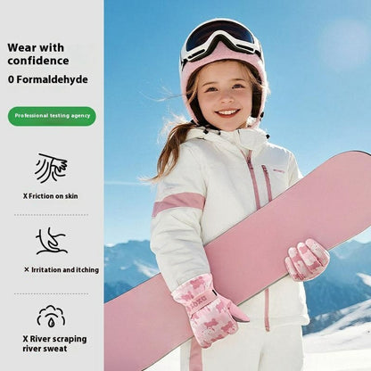 DRST43 Thermal Fleece Lined Ski Gloves for Kids Cartoon Pattern Winter Windproof Full Finger Cycling Mittens