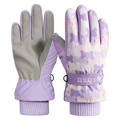 DRST43 Thermal Fleece Lined Ski Gloves for Kids Cartoon Pattern Winter Windproof Full Finger Cycling Mittens