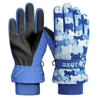 DRST43 Thermal Fleece Lined Ski Gloves for Kids Cartoon Pattern Winter Windproof Full Finger Cycling Mittens
