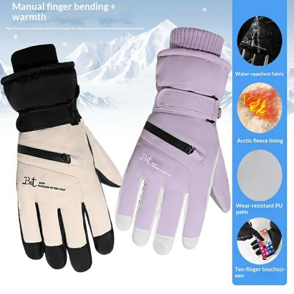 1 Pair Unisex Winter Touchscreen Zipper Gloves Waterproof Fleece Liner Anti-slip PU Palm Mittens for Outdoor Sports