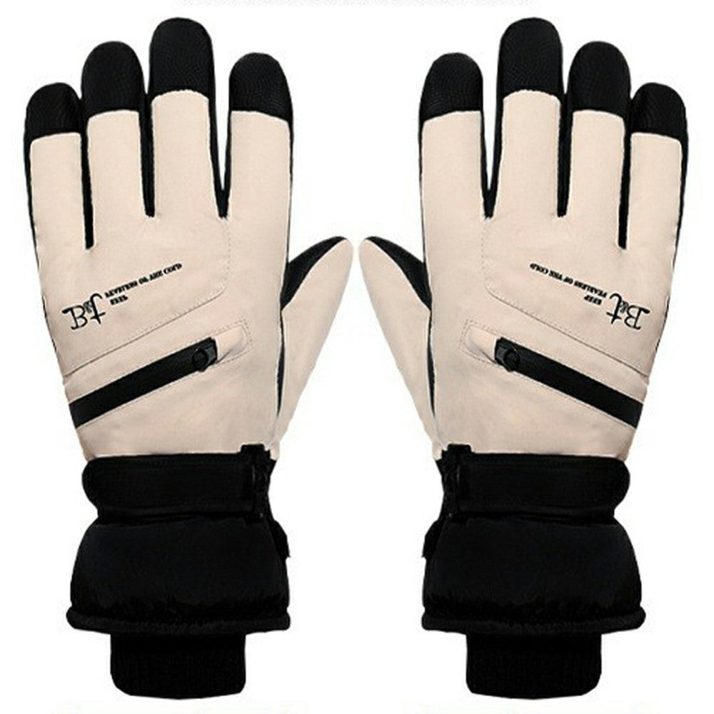 1 Pair Unisex Winter Touchscreen Zipper Gloves Waterproof Fleece Liner Anti-slip PU Palm Mittens for Outdoor Sports