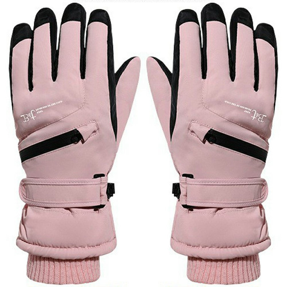 1 Pair Unisex Winter Touchscreen Zipper Gloves Waterproof Fleece Liner Anti-slip PU Palm Mittens for Outdoor Sports