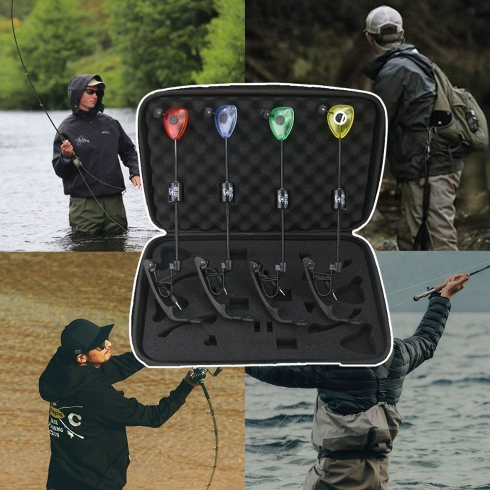 JSFUN 4Pcs / Set Fishing Bite Alarm Swinger Kit Indicator Rod Tip Lights with Storage Bag