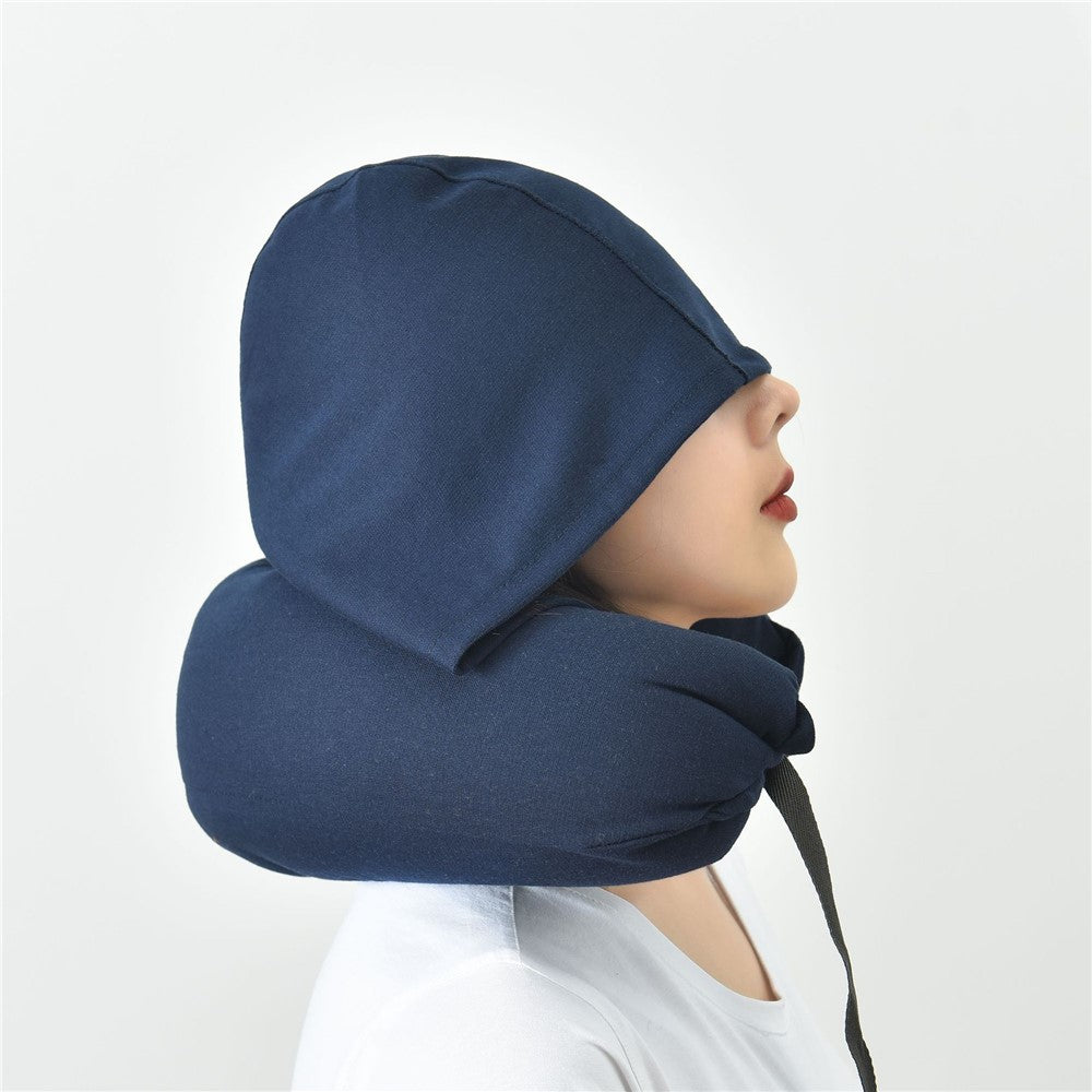 Travel Pillow Cotton U-Shape Head Rest Neck Pillow with Hood for Airplane Car Office