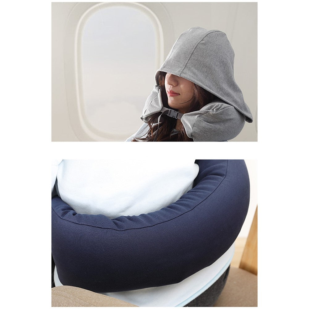 Travel Pillow Cotton U-Shape Head Rest Neck Pillow with Hood for Airplane Car Office