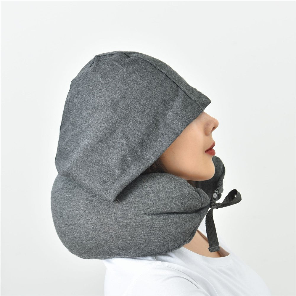 Travel Pillow Cotton U-Shape Head Rest Neck Pillow with Hood for Airplane Car Office