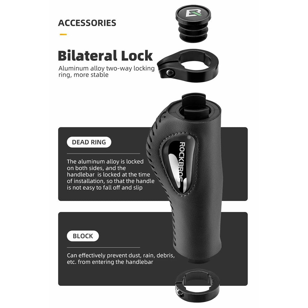 ROCKBROS 1 Pair Shock Absorption Bike Handlebar Grip Cover Leather+Silicone+Aluminum Alloy Bicycle Handlebar Sleeve