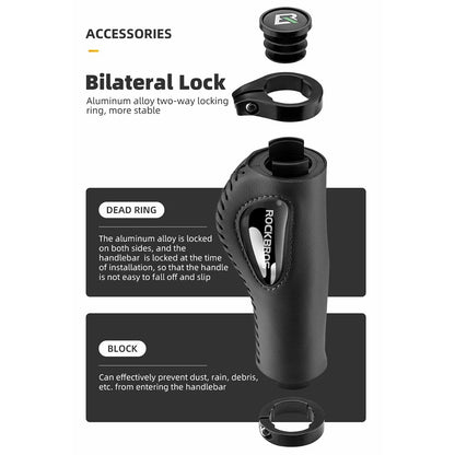 ROCKBROS 1 Pair Shock Absorption Bike Handlebar Grip Cover Leather+Silicone+Aluminum Alloy Bicycle Handlebar Sleeve