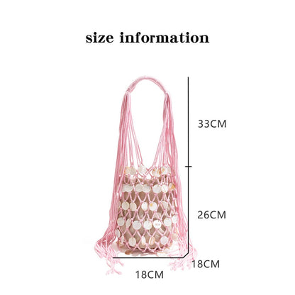 Summer Fresh Woven Bucket Bag Unique Hollow Out Sequin Casual Tote Bag