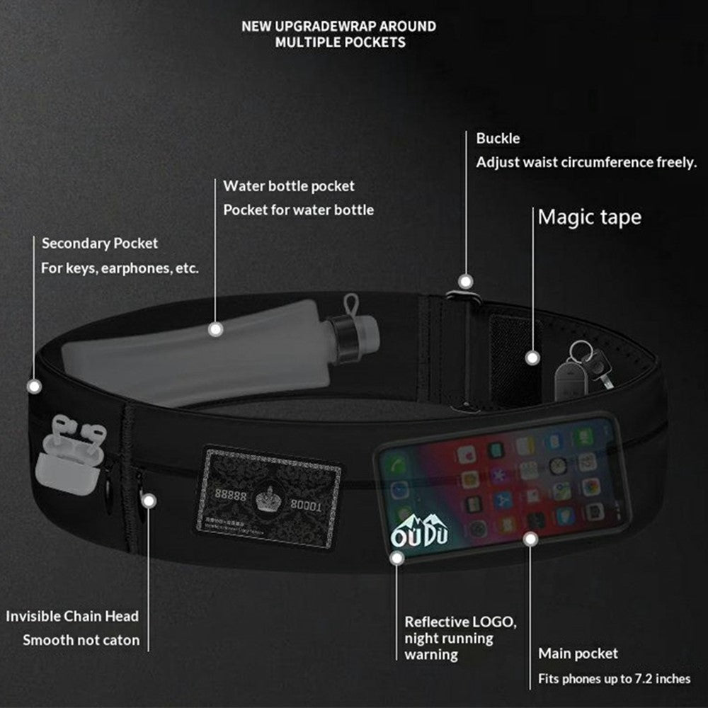 OUDO Thin Invisible Waist Belt Running Fanny Pack with 330ml Water Bottle - for Waist 60cm