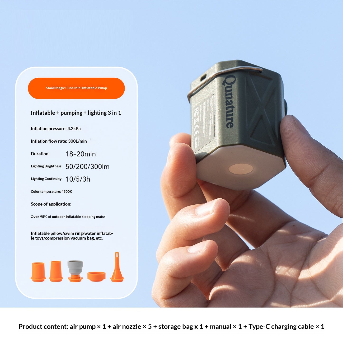 QUNATURE 3 in 1 Mini Electric Air Pump Portable Deflator Built-in 3 Brightness Levels Camping Light with 5 Air Nozzles