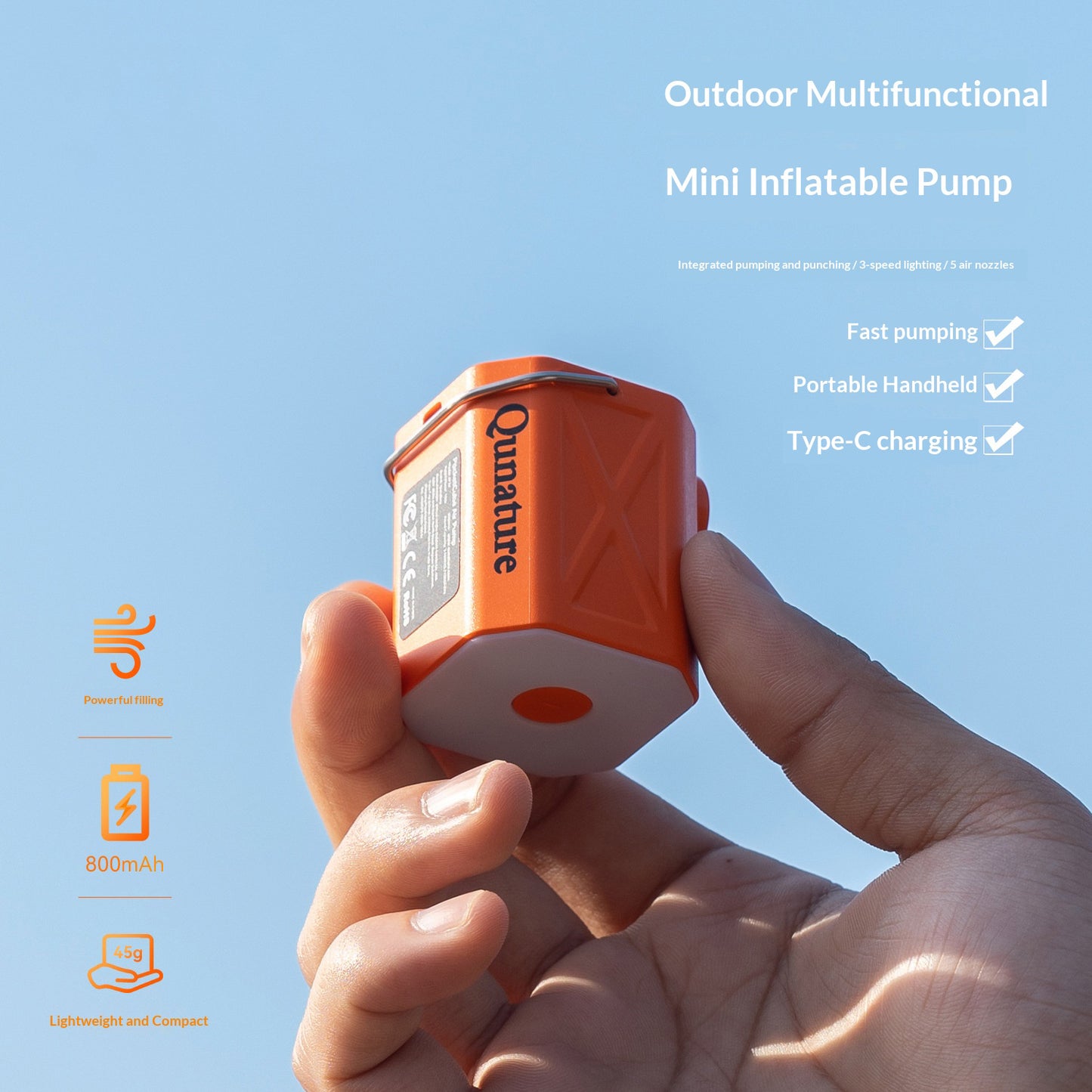 QUNATURE 3 in 1 Mini Electric Air Pump Portable Deflator Built-in 3 Brightness Levels Camping Light with 5 Air Nozzles