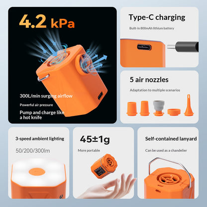 QUNATURE 3 in 1 Mini Electric Air Pump Portable Deflator Built-in 3 Brightness Levels Camping Light with 5 Air Nozzles