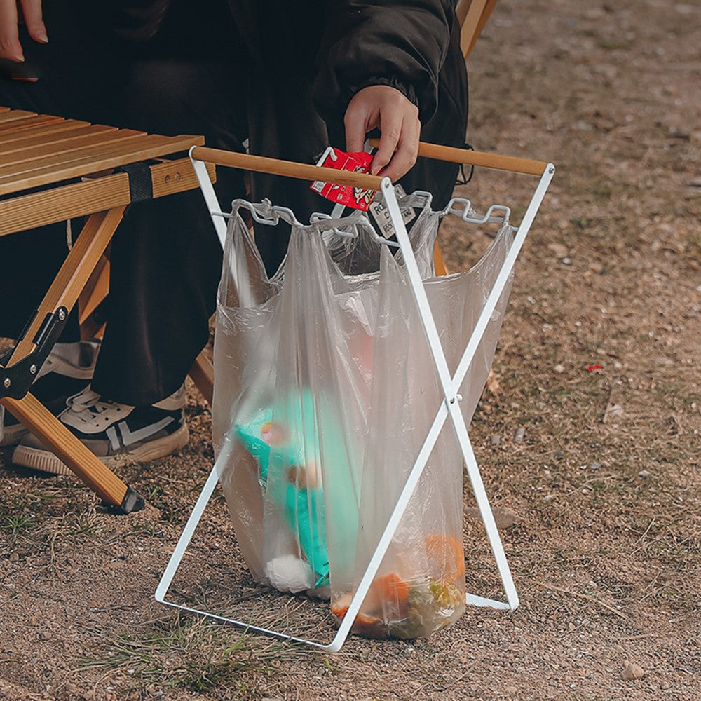 HALIN Iron+Wood Trash Bag Holder Portable Outdoor Waste Bag Hanger Rack Stand for Camping Hiking