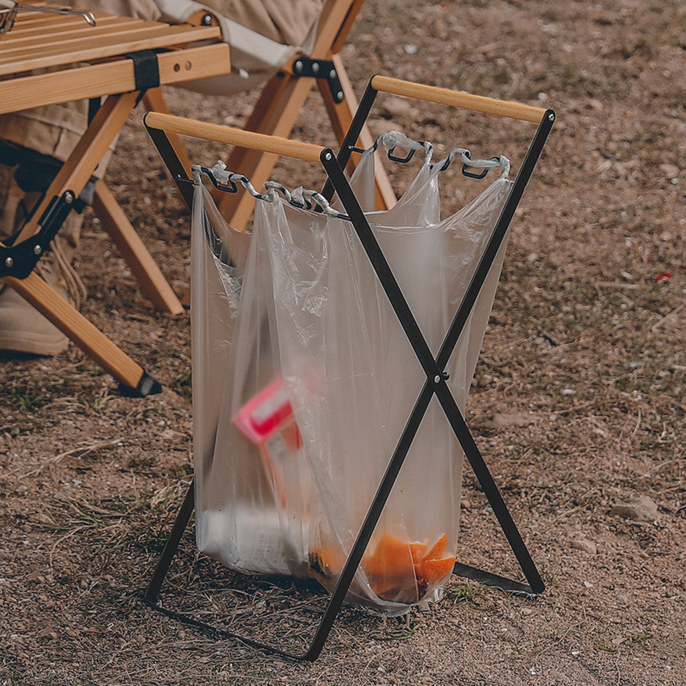 HALIN Iron+Wood Trash Bag Holder Portable Outdoor Waste Bag Hanger Rack Stand for Camping Hiking