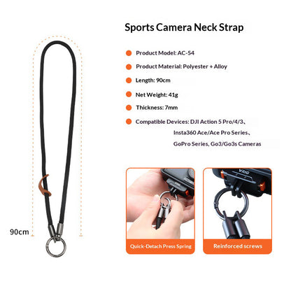 VRIG AC-54 90cm Braided Neck Strap for DJI Action/Insta360 Ace/GoPro Action Camera Anti-Loss Quick Release Lanyard