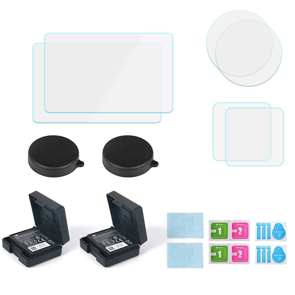 For DJI Osmo Action 3 / Action 4 Battery Storage Box Lens Cover Tempered Glass Screen Protector Set