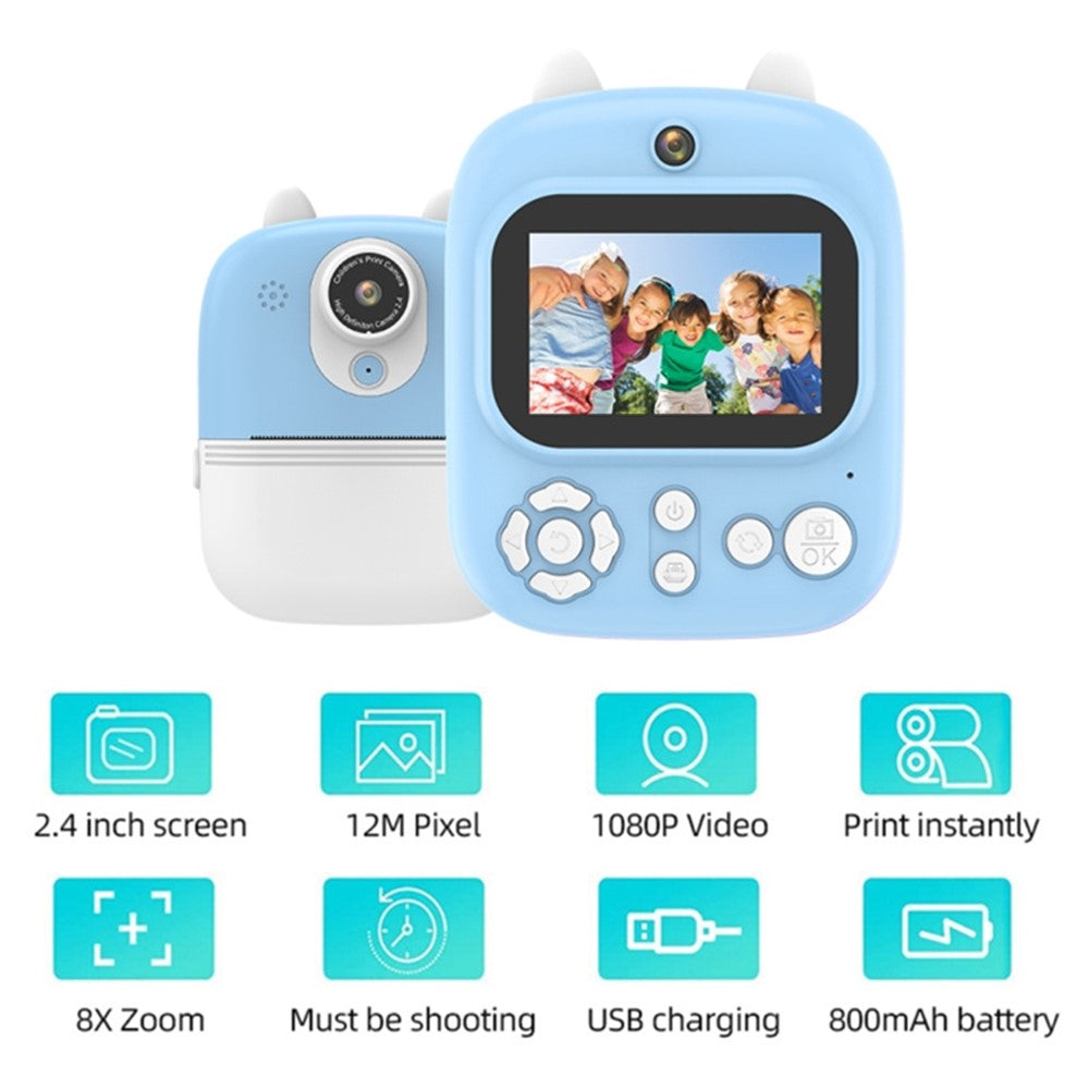 1200W Pixel 2.4-inch IPS Screen Kids Instant Camera Portable Cute Inkless Print Camera, Standard Version