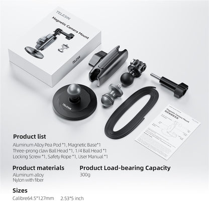 TELESIN CMM-001 Dual Ball Head Aluminum Alloy Action Camera Magnetic Base Mount Adapter