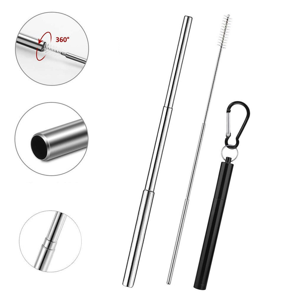 Portable 304 Stainless Steel Three Sections Telescopic Straw Beverage Milk Tea Metal Straw with Aluminum Alloy Storage Tube and Brush (No FDA Certification, BPA Free)