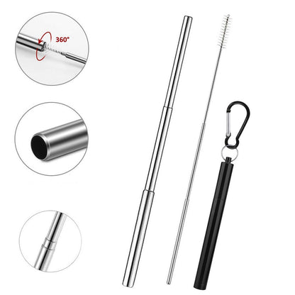 Portable 304 Stainless Steel Three Sections Telescopic Straw Beverage Milk Tea Metal Straw with Aluminum Alloy Storage Tube and Brush (No FDA Certification, BPA Free)