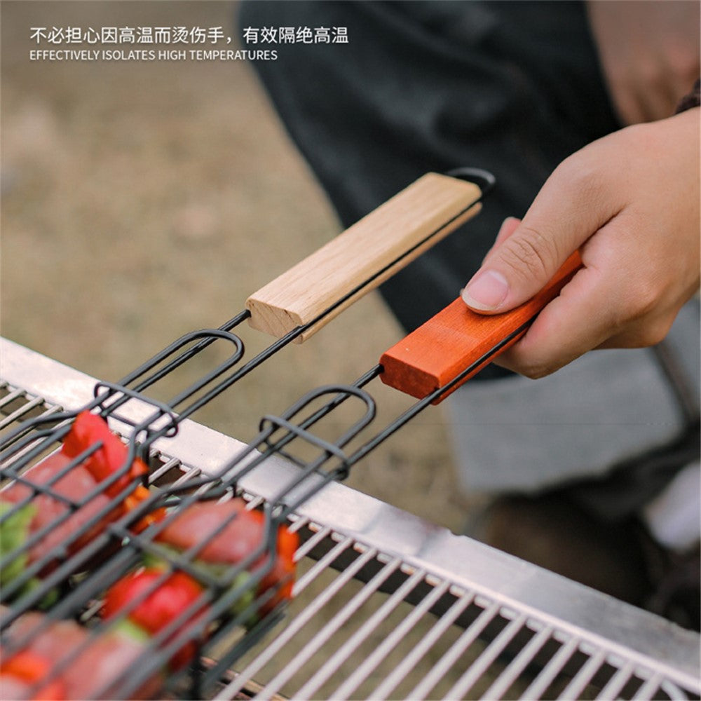 HALIN 2Pcs Outdoor Camping BBQ Grilling Basket Portable Picnic Barbecue Iron Cage with Wooden Handle (No FDA Certificate, BPA Free)