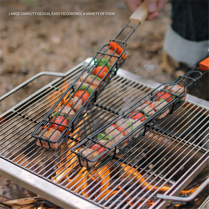 HALIN 2Pcs Outdoor Camping BBQ Grilling Basket Portable Picnic Barbecue Iron Cage with Wooden Handle (No FDA Certificate, BPA Free)
