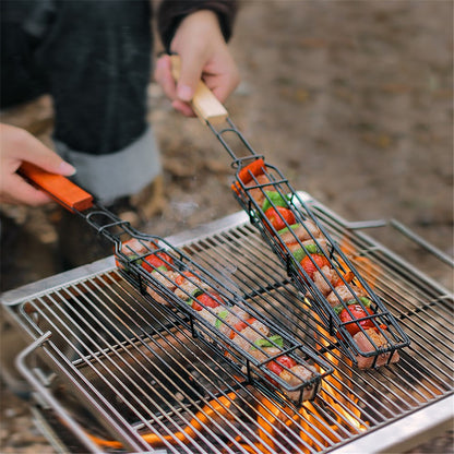 HALIN 2Pcs Outdoor Camping BBQ Grilling Basket Portable Picnic Barbecue Iron Cage with Wooden Handle (No FDA Certificate, BPA Free)
