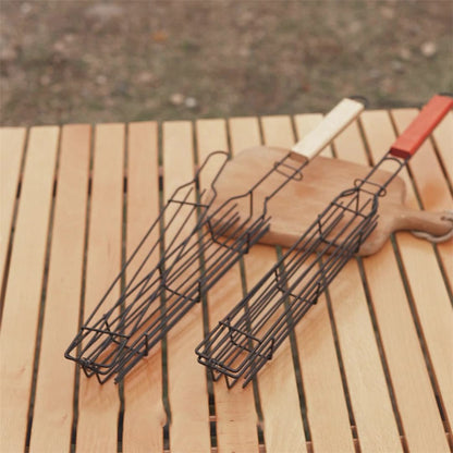 HALIN 2Pcs Outdoor Camping BBQ Grilling Basket Portable Picnic Barbecue Iron Cage with Wooden Handle (No FDA Certificate, BPA Free)
