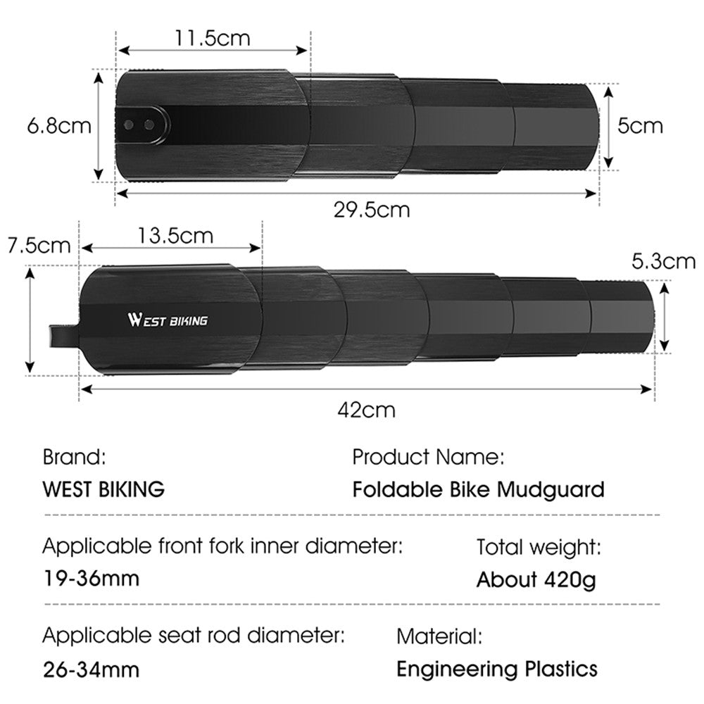 WEST BIKING YP0714023 1 Pair Telescopic Bicycle Fender Protector Bike Front Rear Mudguard Set