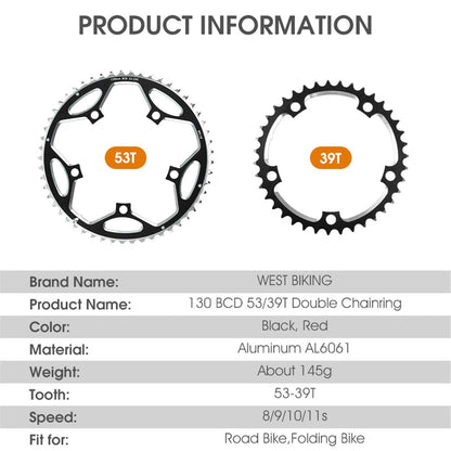 WEST BIKING YP0719272 Road Bike Chainring 130BCD 39T/53T Bicycle Aluminum Alloy Crankset Tooth Plate for 8/9/10/11 Speed Chain Wheel Double Crown