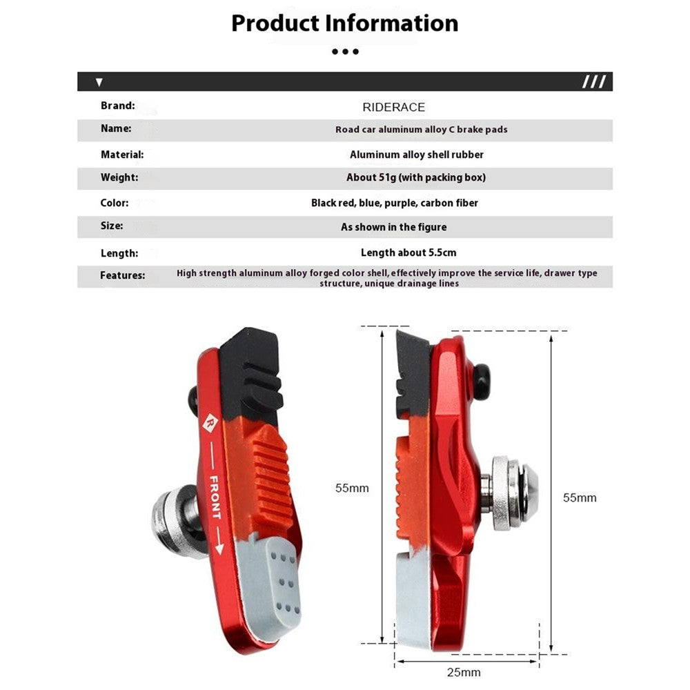RIDERACE rn2200 1 Pair Aluminum Alloy + Rubber Mountain Road Bike C Brake Pads Braking Holder Shoes