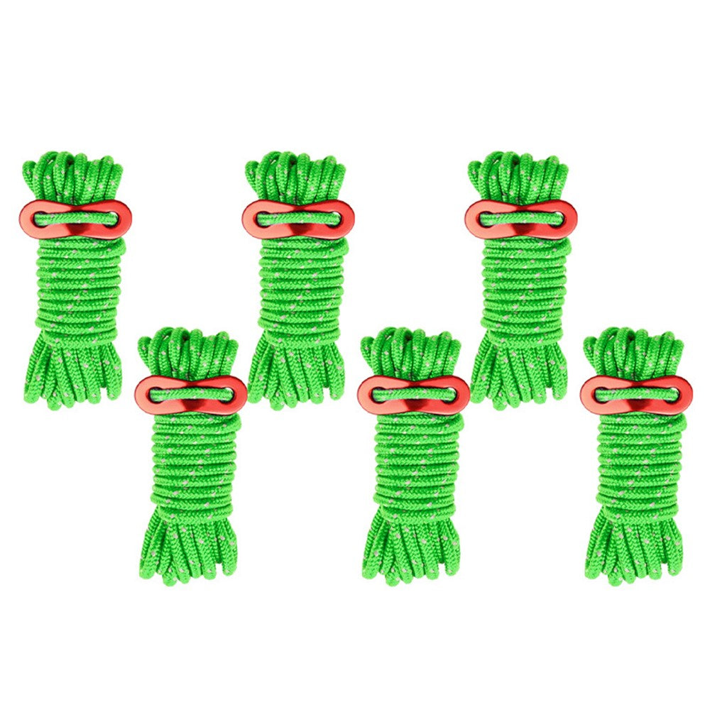 6 Bundles of Reflective Outdoor Camping Windproof Tent Rope 4mmx4m with Cord Tensioner for Fishing, Hiking, Backpacking, Emergency Rescue
