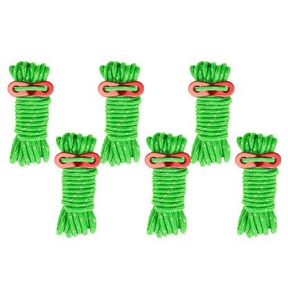 6 Bundles of Reflective Outdoor Camping Windproof Tent Rope 4mmx4m with Cord Tensioner for Fishing, Hiking, Backpacking, Emergency Rescue
