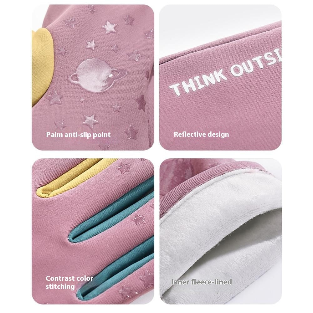 DRST41 Color Splicing Winter Gloves for Children Warm Fleece Lined Outdoor Cycling Non Slip Mittens