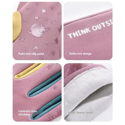 DRST41 Color Splicing Winter Gloves for Children Warm Fleece Lined Outdoor Cycling Non Slip Mittens
