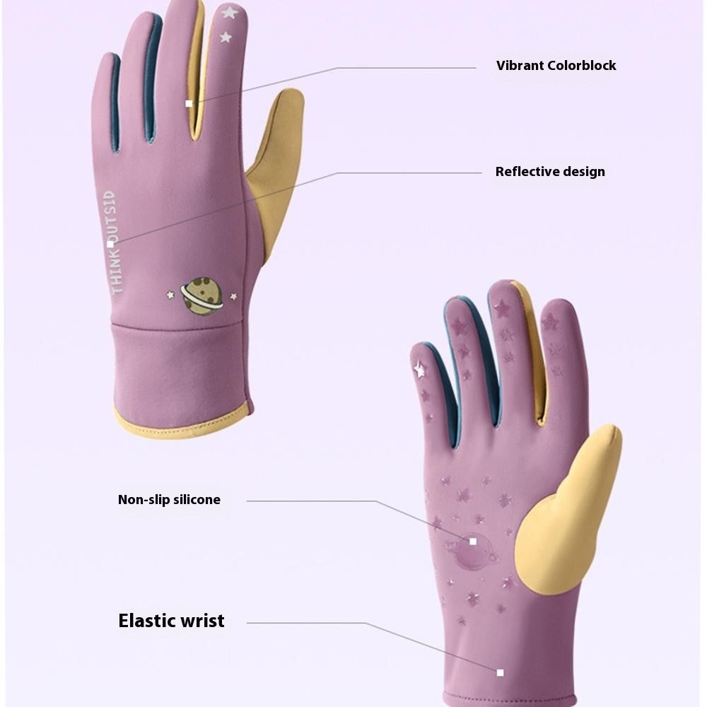 DRST41 Color Splicing Winter Gloves for Children Warm Fleece Lined Outdoor Cycling Non Slip Mittens